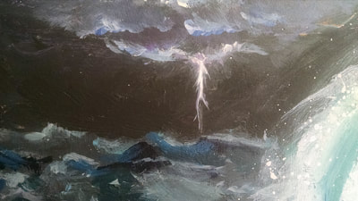 Acrylic painting - closeup - lightening storm water crashing waves